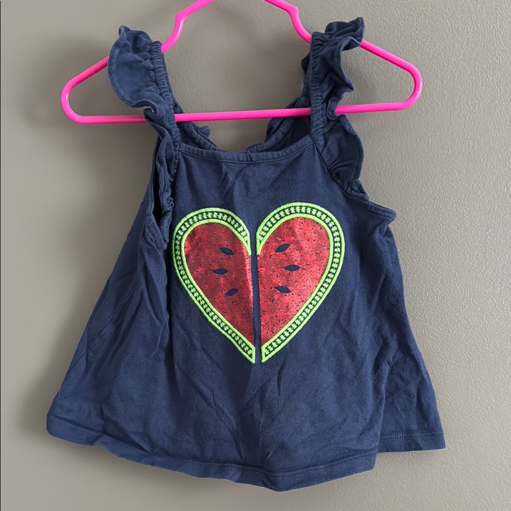 Blue and Tank Top with Ruffled Straps and Watermelon Heart Design